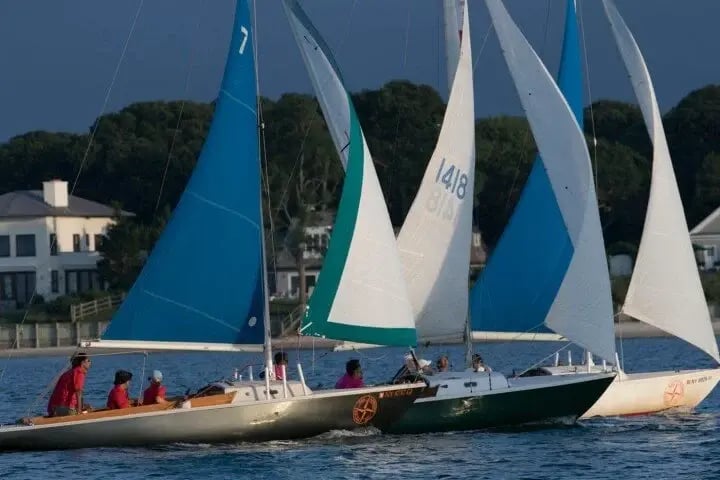 Three sailboats across the water with blue green and white sails